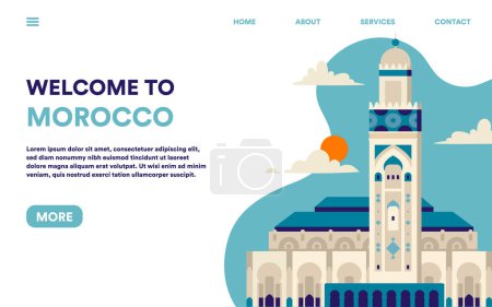 Illustration for Welcome to Morocco. Travel destination with landmarks. Beautiful African country and city for tourism. Landing page design. Sightseen tour advertising. Cartoon flat vector illustration - Royalty Free Image