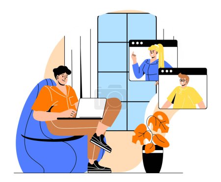 Téléchargez les illustrations : Travailler à la maison. Homme freelance assis avec ordinateur portable et chats avec des amis. Travailleur à distance sur chaise. Appel vidéo et conférence. Gains sur Internet. Illustration vectorielle plate de bande dessinée - en licence libre de droit
