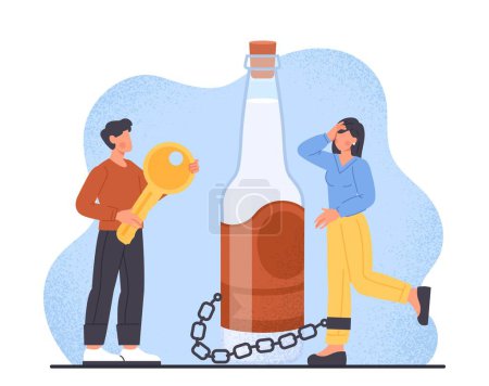 Illustration for Abuse alcoholism concept. Man with key and woman with chain at bottle of wine. Psychological and mental problems, dependence and addiction on alcoholic drinks. Cartoon flat vector illustration - Royalty Free Image