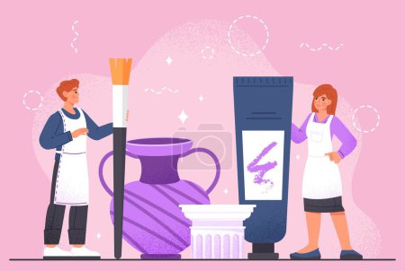 Illustration for Makeup artist concept. Man with brush and woman with bottle. Lotions, sprays and creams. Health care, beauty and hygiene metaphor. Poster or banner for website. Cartoon flat vector illustration - Royalty Free Image