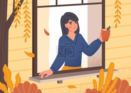 Illustration for Woman in autumn. Young girl in window with leaves, leaf fall. Poster or banner for website. Comfort and coziness. Natural landscape and urban architecture concept. Cartoon flat vector illustration - Royalty Free Image