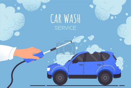 Illustration for Car wash concept. Hand with hose next to machine, car. Cleanliness and hygiene. Advertising poster or banner for website. Marketing and promotion on Internet. Cartoon flat vector illustration - Royalty Free Image