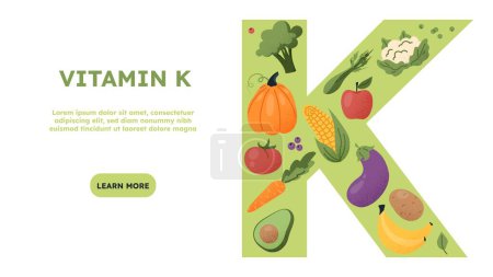 Illustration for Collection of vitamin K sources. Poster or banner for website, infographics. Vegetables and fruits, healthy food and proper nutrition. Design for landing page. Cartoon flat vector illustration - Royalty Free Image