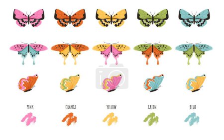 Ilustración de Conjunto de mariposas coloridas. Colección de elementos gráficos para web. Estética y elegancia, primavera e insectos de colores. Dibujos animados ilustraciones vectoriales planas aisladas sobre fondo blanco - Imagen libre de derechos