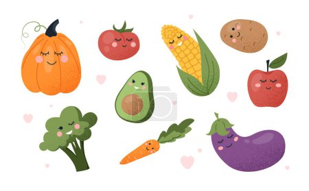 Illustration for Cute vegetables set. Collection of natural and organic products. Avocado, broccoli, carrot, potato and tomato. Apple and pumpkin. Cartoon flat vector illustrations isolated on white background - Royalty Free Image