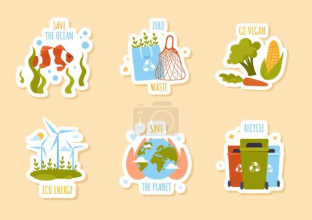 Illustration for Ecology badges set. Collection of graphic elements for website. Care for nature and environment, zero waste. Reuse and recycle. Cartoon flat vector illustrations isolated on beige background - Royalty Free Image