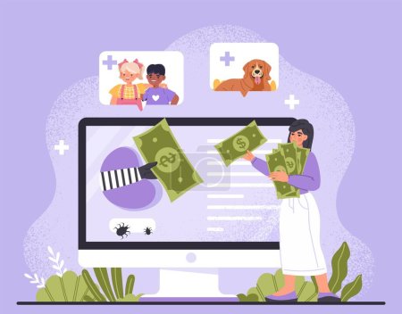 Illustration for Fake donation concept. Woman gives banknotes to fraudster, extortion and crime. Hacker and criminal. Untrusted fund and volunteering. Person tranferring, charity. Cartoon flat vector illustration - Royalty Free Image