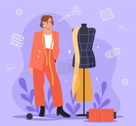 Illustration for Fashion designer concept. Young person with scissors near mannequin. Aesthetics and elegance, trend. Woman trying on dress, creative person. Poster or banner. Cartoon flat vector illustration - Royalty Free Image
