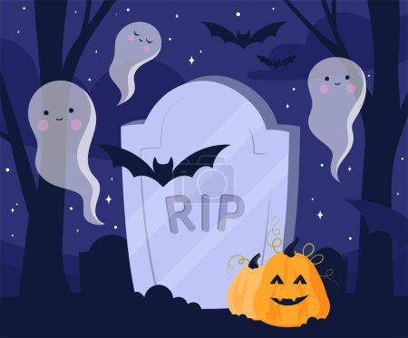 Illustration for Halloween graves background. Holiday of fear and horror, spirits and pumpkin in cemetery. International culture and traditions. Design for greeting postcard. Cartoon flat vector illustration - Royalty Free Image