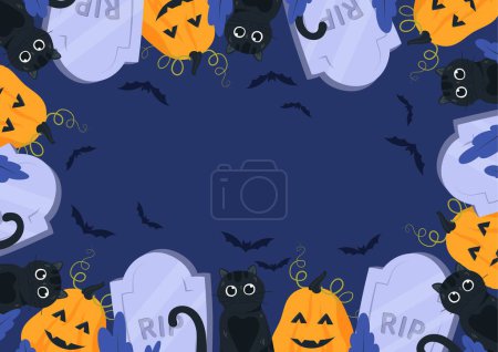 Illustration for Halloween celebration background. Place for text, poster or banner for website. Bats, pumpkin, black cats and graves. International holiday of fear and horror. Cartoon flat vector illustration - Royalty Free Image