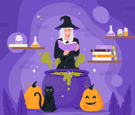 Illustration for Halloween hocus pocus. Witch with book stands in front of potion and reads spell. Imagination and fantasy. Feast of fear and horror. Magic and sorcery concept. Cartoon flat vector illustration - Royalty Free Image