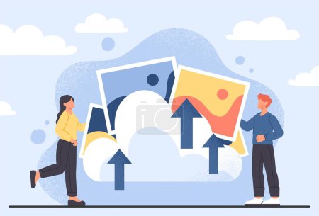 Illustration for Image upload concept. Man and woman with files in cloud storage, information exchange, memory. Modern technologies and digital world. Poster or banner for website. Cartoon flat vector illustration - Royalty Free Image
