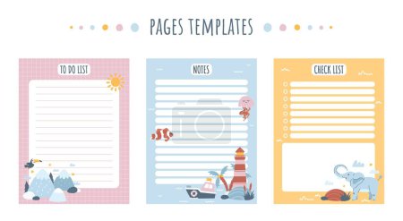 Illustration for Kids notebook pages templates set. Motivation and time management, organization of effective workflow. To do list and checklist. Cartoon flat vector illustrations isolated on white background - Royalty Free Image