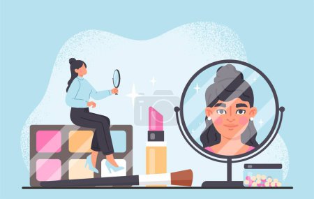Illustration for Make up artist concept. Woman with mirror sits on cosmetics. Powder and lipstick, beauty care. Poster or banner for website. Elegance and aesthetics, fashion. Cartoon flat vector illustration - Royalty Free Image