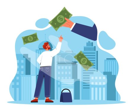 Illustration for Money manipulation concept. Man looks at large hand with banknotes. Greed and control of people, management. Financial motivation, young guy chasing for dollar. Cartoon flat vector illustration - Royalty Free Image