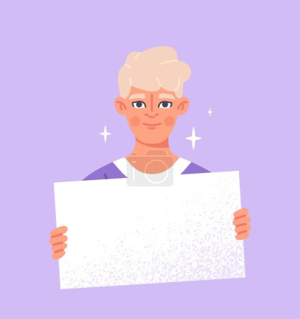 Illustration for Man holding blank placard. Young guy with white sheet. Activist at rally defends rights, democracy and freedom of speech. Political action and protest concept. Cartoon flat vector illustration - Royalty Free Image