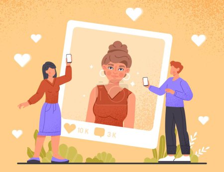Illustration for People like photos. Social media reaction and approval, interesting content. Man and woman next to post. Poster or banner. Communication and interaction on Internet. Cartoon flat vector illustration - Royalty Free Image