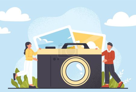 Illustration for Photographer team concept. Man and woman near large camera, paparazzi and creative people metaphor. Memories, poster or banner for website. Cartoon flat vector illustration - Royalty Free Image