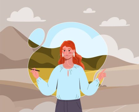 Illustration for Psychology isolation concept. Young girl with brush stands in nature. Mental health care, mindfulness, awareness and inner peace and balance. Cartoon flat vector illustration - Royalty Free Image