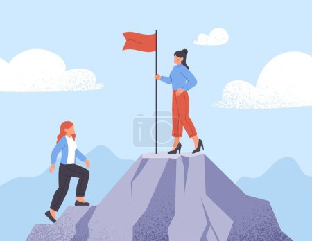 Illustration for Reaching goal concept. Man and woman next to red flag on top of mountain. Motivation and leadership, teamwork and partnership. Ambition and development, career. Cartoon flat vector illustration - Royalty Free Image