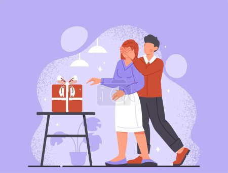 Illustration for Surprise for lover. Man closes girls eyes, young guy with present box. Wedding anniversary, birthday and valentines day. Holiday or festival. Romance and love. Cartoon flat vector illustration - Royalty Free Image