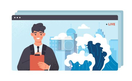 Illustration for TV news studio concept. Man with notepad on background of flood. Information and knowledge. Catastrophe and natural disaster in city. Big waves and skyscrapers. Cartoon flat vector illustration - Royalty Free Image