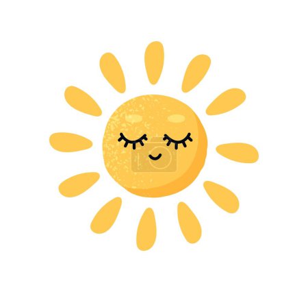 Téléchargez les illustrations : Jolie icône du soleil. Symbole de beau temps et de saison printanière et estivale. Jour et rayons de soleil lumineux. Sticker pour les réseaux sociaux et réaction pour les messageries instantanées. Illustration vectorielle plate de bande dessinée - en licence libre de droit