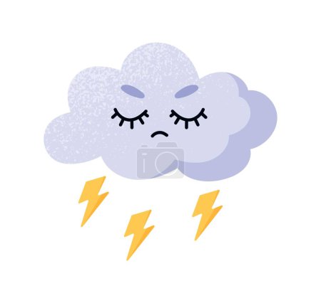 Illustration for Cute rain icon. Cloud with lightning, symbol of bad weather and storms, autumn season. Toy or mascot for children. Poster or banner. Template, layout and mockup. Cartoon flat vector illustration - Royalty Free Image