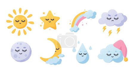 Illustration for Weather icons set. Collection of stickers for social networks and messengers. Rain, clouds, rainbow, moon and sun. Day and night. Cartoon flat vector illustrations isolated on white background - Royalty Free Image