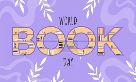 Illustration for World book day. Poster or banner for website, international holiday and festival. Education, training and learning, useful hgobbi, literature and reading. Cartoon flat vector illustration - Royalty Free Image