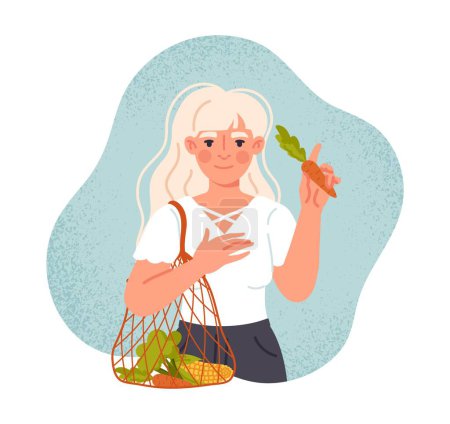 Illustration for Woman with eco bag. Young girl with natural and organic products. Caring for nature and environment, buyer in store. Zero waste lifestyle and responsible society. Cartoon flat vector illustration - Royalty Free Image