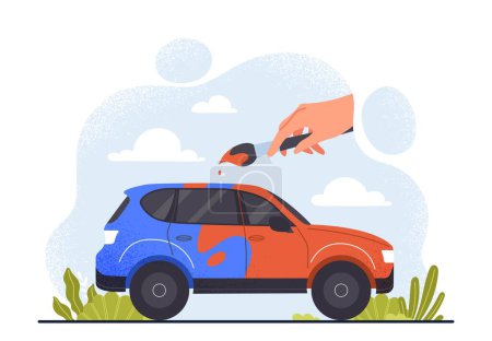 Illustration for Changing color of car. Large hand with brush over vehicle. Repainting from blue to red, updating, tuning and modification. Advertising poster or banner for workshop. Cartoon flat vector illustration - Royalty Free Image