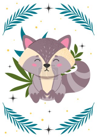 Illustration for Cover with raccoon. Adorable animal sitting next to bushes and foliage against background of stars. Charming and cute character. Fauna and wild life. Cartoon flat vector illustration - Royalty Free Image