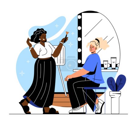 Illustration for Beauty salon concept. Stylist with client, woman with brush for applying makeup cosmetics near young girl. Fashion and style, aesthetics and elegance. Cartoon flat vector illustration - Royalty Free Image