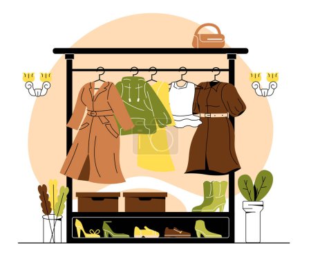 Illustration for Fashion wardrobe concept. Dresses and sweaters on hangers. Elements of clothing for summer season. ode, trend and style. Closet with apparel and garnment. Cartoon flat vector illustration - Royalty Free Image