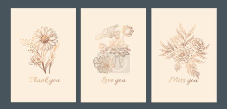 Illustration for Floral cards set. Collection of posters and banners for website. Aesthetics and elegance. Contour golden flowering plants and flowers. Trendy flat vector illustrations isolated on dark background - Royalty Free Image