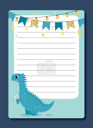 Illustration for Kids diary with dino. Sheet of notebook or card with animals BC, Jurassic period. To do list and memo. Time management and organization of efficient workflow. Cartoon flat vector illustration - Royalty Free Image