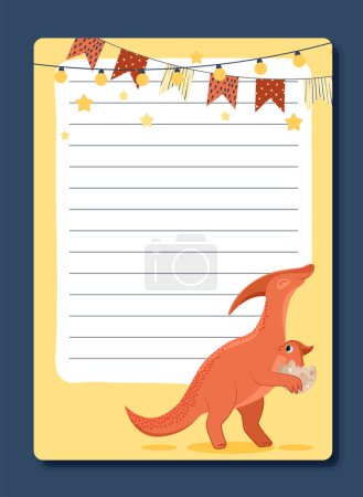 Illustration for Kids diary with dino. Notepad sheet with colorful flags and red dinosaur. School supply for training and education. Colorful paper for notes, to do list. Cartoon flat vector illustration - Royalty Free Image