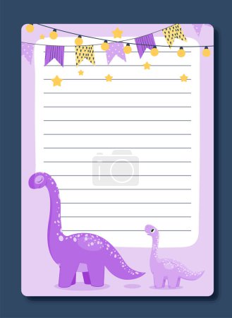 Illustration for Kids diary with dino. Notepad sheet with colorful flags and violetdinosaur. To do list, memo and card. Animals of Jurassic period, BC. Poster or banner. Cartoon flat vector illustration - Royalty Free Image