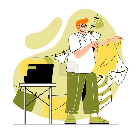 Illustration for Man doing housework. Young guy hangs out his clothes to dry. Housework and routine. Rope with clothespins with underwear and yellow tshirt. Cartoon flat vector illustration - Royalty Free Image