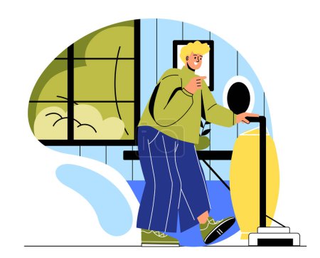 Illustration for Man doing housework. Young guy vacuuming in room. Cleanliness and hygiene, household chores. Clean house and apartment, cleaning service worker. Cartoon flat vector illustration - Royalty Free Image