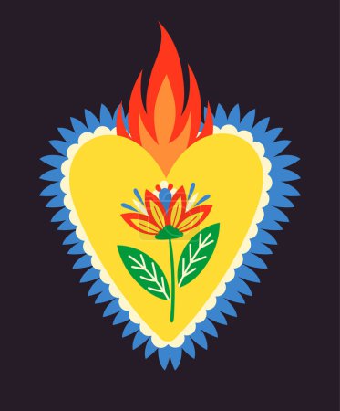 Illustration for Mexican sacred heart. Patch with flower and flame or fire. Symbol of traditional Mexican holiday. Religion and Catholicism. Traditions and culture. Cartoon flat vector illustration - Royalty Free Image
