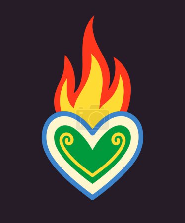 Illustration for Mexican sacred heart. Patch with flame or fire. Dia de los muertos, Day of Dead, traditional Mexican holiday. Sticker for social networks and messengers. Cartoon flat vector illustration - Royalty Free Image