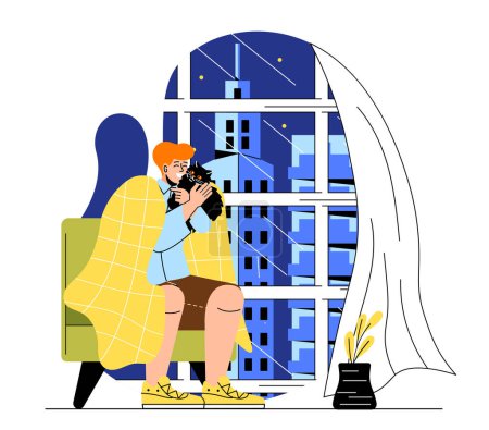Illustration for Man near window with cat. Young guy sits in chair with kitten in his arms. Owner and pet look at city at night. Comfort and coziness in apartment. Cartoon flat vector illustration - Royalty Free Image