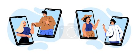 Illustration for People on phones set. Men and women communicate on Internet. Video call or conference. Communication in social networks and messengers. Cartoon flat vector illustrations isolated on white background - Royalty Free Image