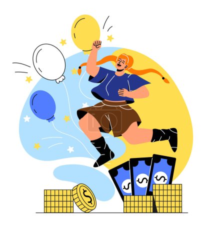 Illustration for Woman winning money. Young girl jumps up and raises her fist against background of balloons, character with gold coins and banknotes. Wealth and prize. Cartoon flat vector illustration - Royalty Free Image