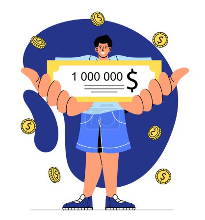 Illustration for Man winning money. Young guy stands with check in his hands under gold coins falling from sky. Successful and lucky winner in lottery, prize draw and gambling. Cartoon flat vector illustration - Royalty Free Image