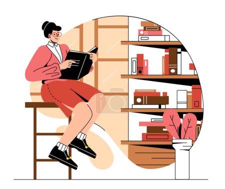 Illustration for Woman reading book. Young girl sitting with textbook, student preparing for test or examination, doing homework. Useful hobby and love of literature. Cartoon flat vector illustration - Royalty Free Image