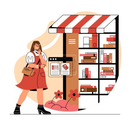 Illustration for Woman choosing book. Young girl stands near bookstore. Love for literature and useful hobby. Stand and showcase with textbooks and fiction, poetry. Cartoon flat vector illustration - Royalty Free Image