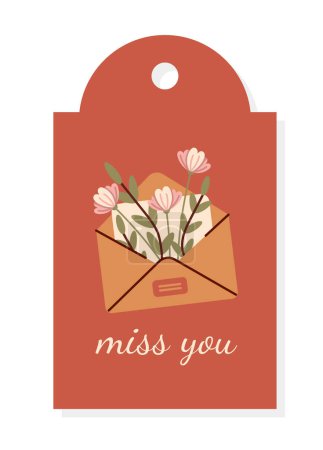 Illustration for Valentine tag with envelope. Love message and letter with beautiful flowers, bouquet. Romantic relationship. Valentines Day and wedding anniversary. Cartoon flat vector illustration - Royalty Free Image